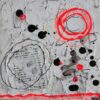 Oeuvre abstraite carrée signée MPOIRIER qui raconte une histoire avec ses fragments de vie : blanc, gris, rouge, noir.