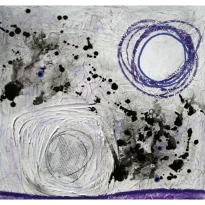 Oeuvre abstraite carrée signée MPOIRIER qui raconte une histoire avec ses fragments de vie : blanc, gris, mauve, noir.