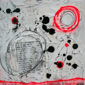 Oeuvre abstraite carrée signée MPOIRIER qui raconte une histoire avec ses fragments de vie : blanc, gris, rouge, noir.