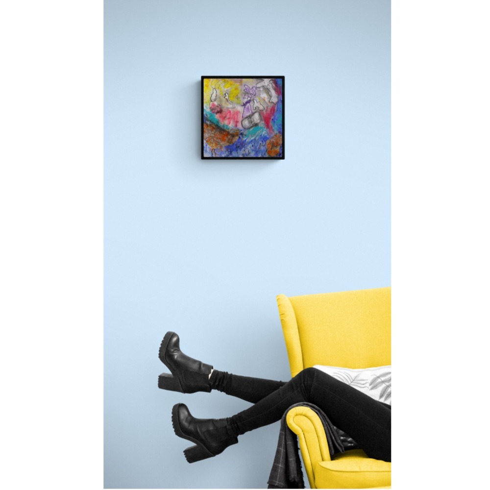 oeuvre (peinture) abstraite (jaune, turquoise, mauve, bleu, rose, orange) signée mpoirier pour collectionneur d'art, cadeau