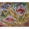Peinture abstraite de format rectangulaire. Techniques mixtes sur toile signée MPOIRIER : blanc, jaune, doré, rouge, rose, bourgogne, vert, violet, turquoise, brun.