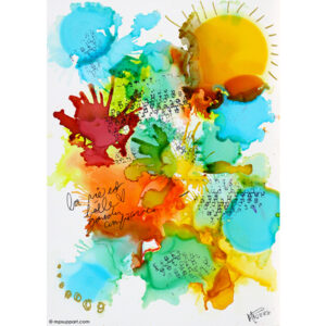 Peinture abstraite de format rectangulaire. Encre sur papier signée MPOIRIER : blanc, jaune, rouge, orange, vert, turquoise, bleu, doré, bourgogne, noir.
