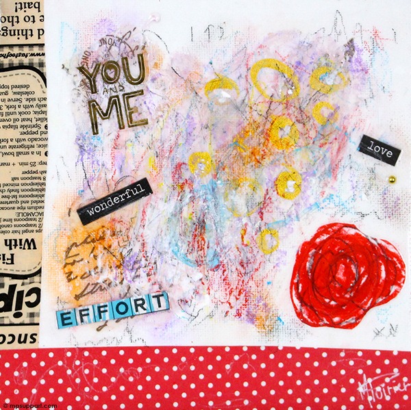 Peinture abstraite sur toile cartonnée/carré signée MPOIRIER: jaune, rose, blanc, noir, doré, orange, mauve, brun, bleu, gris, rouge, turquoise.