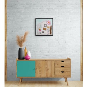 décor avec l'oeuvre (peinture) abstraite habiter sa vie i signée mpoirier représentant une maison, fenêtres, fleur rose